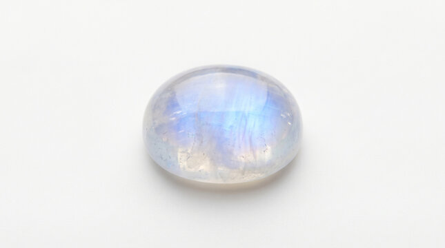 Polished moonstone gemstone with blue adularescence on a clean white background.
