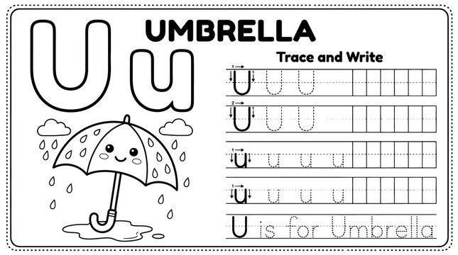 U Alphabet Coloring Page for Kids Printable Preschool Tracing Worksheet Black and White (A-Z)