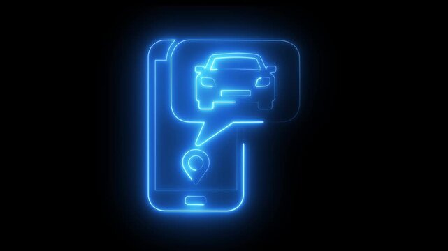 Neon smartphone car sharing app interface with location pin animation on black background .4k video ,animation 