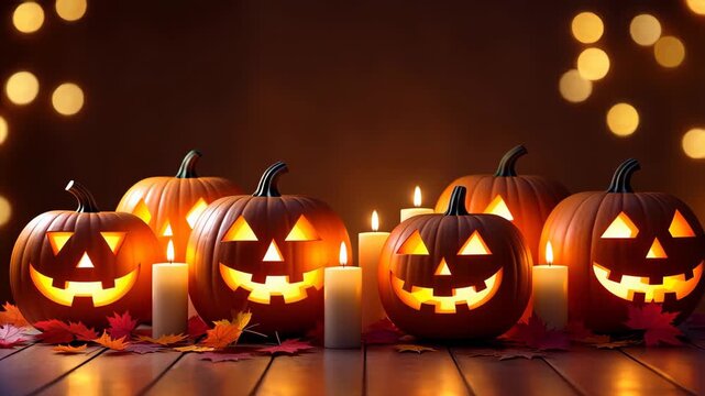 Halloween pumpkins with glowing faces and candles on wooden table