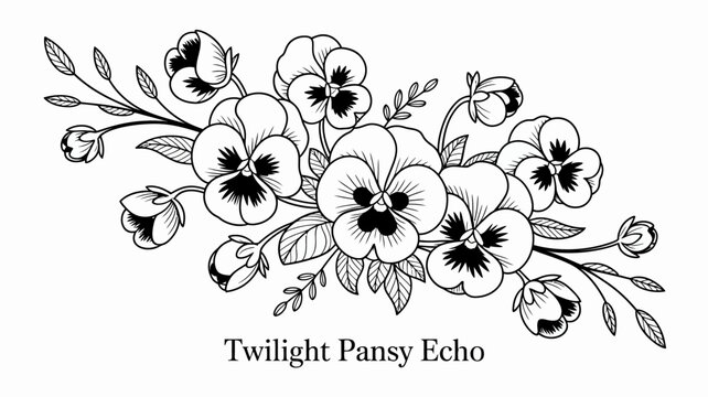 Pansy floral ornament a detailed black and white botanical vector illustration with leaves pansies viola ornament flower arrangement
