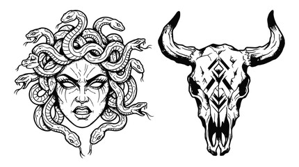 Medusa Gorgon Head and Tribal Bull Skull Tattoo Design © Eka