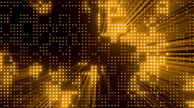 A modern electronic video theme shows amber led dot panels blinking with scattered beams. The abstract tech display panel provides a sophisticated dark texture for creative shows.
