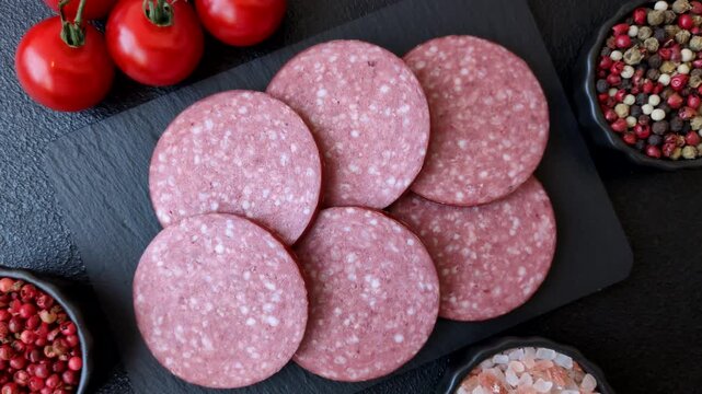Slices of smoked salami or pepperoni for making sandwiches or pizza at home. Sausage slices as a food background for your design