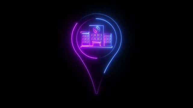 Neon hospital map pin glowing animation for healthcare location services and medical navigation on black background .4k video 