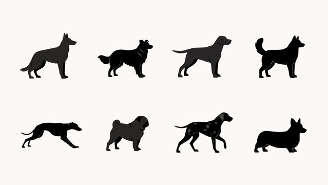 Dog Breed Silhouettes Collection Black Shapes Against A Light Beige Background canine dogs breeds silhouette animal animals pet