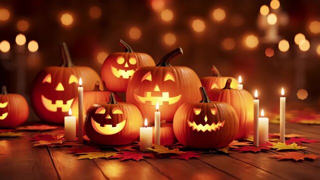 Halloween pumpkins with glowing faces and candles on wooden floor