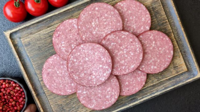 Slices of smoked salami or pepperoni for making sandwiches or pizza at home. Sausage slices as a food background for your design