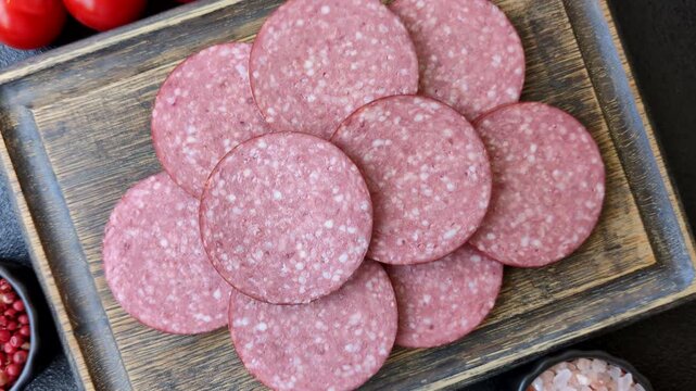 Slices of smoked salami or pepperoni for making sandwiches or pizza at home. Sausage slices as a food background for your design