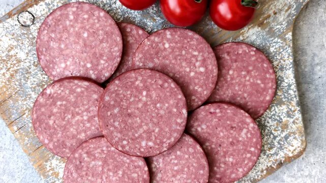 Slices of smoked salami or pepperoni for making sandwiches or pizza at home. Sausage slices as a food background for your design