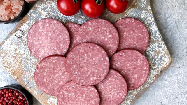 Slices of smoked salami or pepperoni for making sandwiches or pizza at home. Sausage slices as a food background for your design