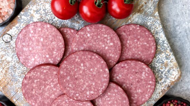 Slices of smoked salami or pepperoni for making sandwiches or pizza at home. Sausage slices as a food background for your design