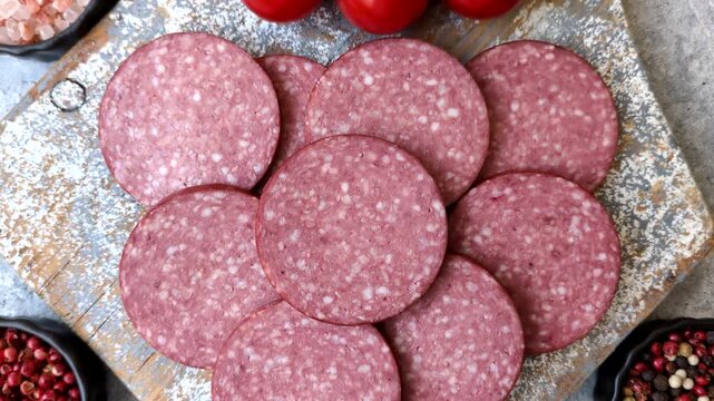 Slices of smoked salami or pepperoni for making sandwiches or pizza at home. Sausage slices as a food background for your design