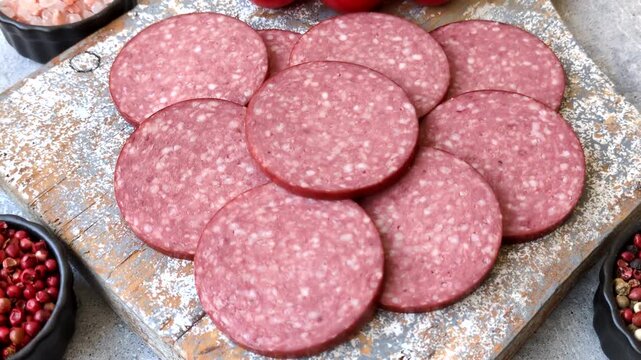 Slices of smoked salami or pepperoni for making sandwiches or pizza at home. Sausage slices as a food background for your design