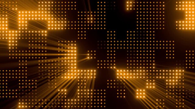 An elegant digital backdrop displays a golden dot screen shooting warm volumetric light rays. The glowing orange matrix grid creates a beautiful cinematic atmosphere for video production.