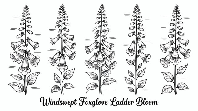 Intricate Floral Illustration Of Foxglove Plants With Detailed Leaves And Bell shaped Flowers digitalis flower botanical plant bloom blossom