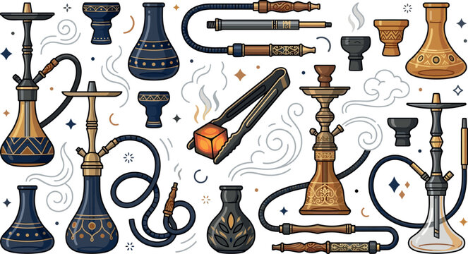Hookah Shisha Vector Icon Set Featuring Isolated Water Pipes, Charcoal Tongs, Bowls, Hoses, and Flavour Smoke Elements for Lounge Cafe Menu Graphic Designs