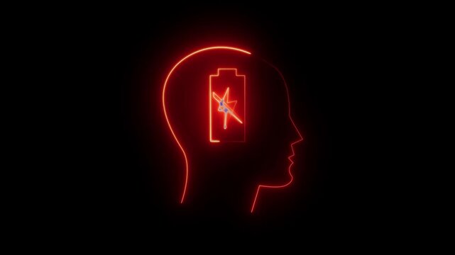 Head silhouette outlines a glowing red battery symbol inside the brain area to visualize mental exhaustion and depleted energy levels in a person struggling with burnout during long work weeks daily.