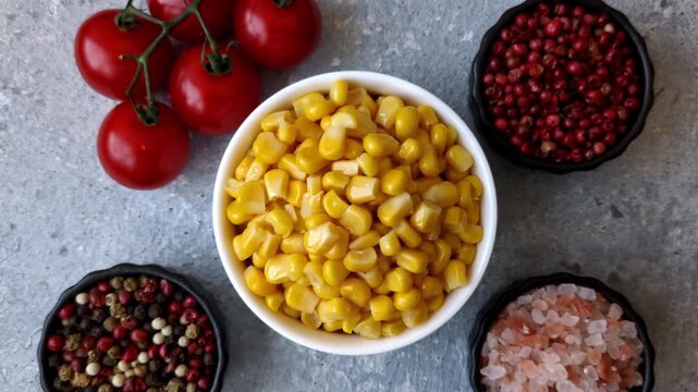 Golden, sweet canned corn kernels or maize for salads and vegetarian dishes. Canned corn as a food background for your design