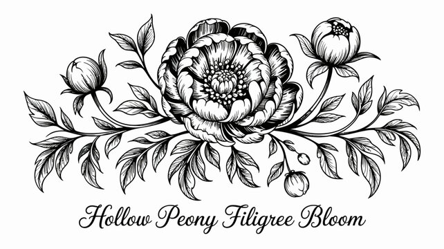 Intricate Floral Ornament With Peonies And Leaves Black And White Vector Illustration botanical peony flower flowers bloom blooms