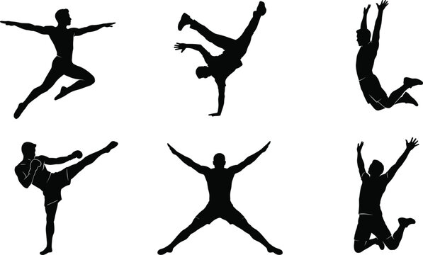 Silhouette set of athletic man performing various sports moves including jumping kickboxing breakdancing and energetic dancing