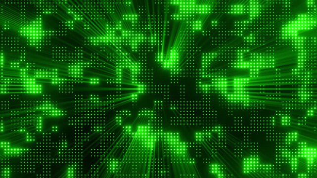 A high tech animation showcases a dense green led grid flashing with dynamic light beams. The flashing electronic particle matrix delivers a powerful cyber energy background visual.