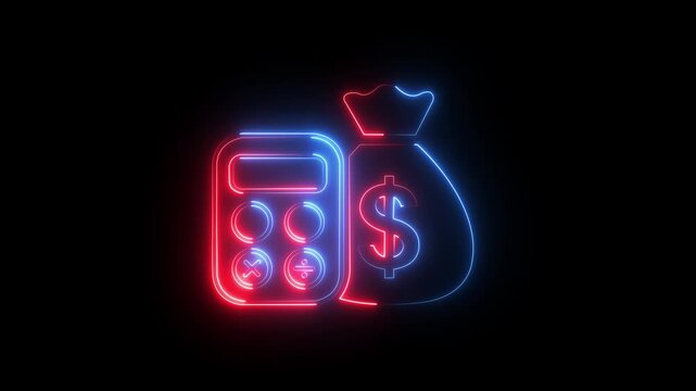 Neon calculator and money bag animation for financial business and accounting concepts. 4k video motion graphic animation .