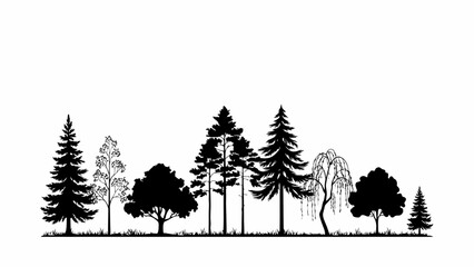 Forest Silhouette Depicts A Variety Of Tree Shapes Against A White Background trees woodland vector illustration nature outdoor © Ultimate