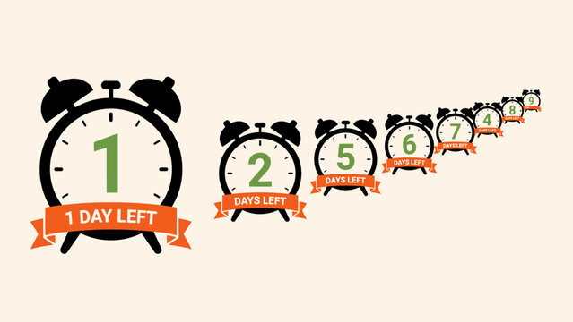 Alarm Clocks With Decreasing Day Counts And Ribbons A Flat Vector Illustration clock time countdown days left deadline