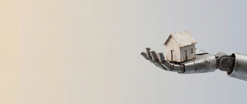 Cybernetic robot hand presenting a small cardboard house model on its palm with copy space
