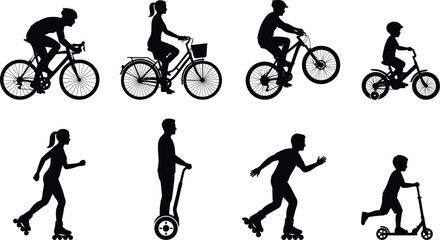 Silhouette set of people on bicycles rollerblades and scooters representing active urban transportation and outdoor lifestyle © Asib