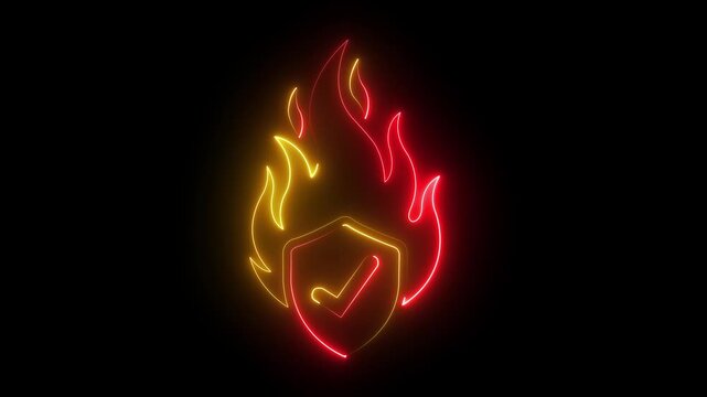 Neon shield with checkmark burning in flames: cybersecurity and data protection concept.4k video 