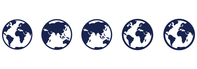 Set of five blue globe icons representing global connectivity and international business travel. © Akram