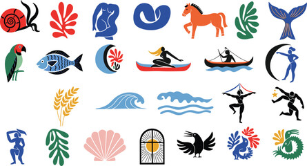 Abstract Cut Out Style Vector Icon Set with Nature, Ocean, Dance, and Animal Shapes for Bohemian and Mid Century Designs © Lcpl