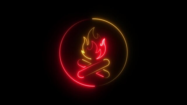 Neon campfire animation glowing bonfire sign for camping and adventure branding on black background .4k video motion graphic animation .