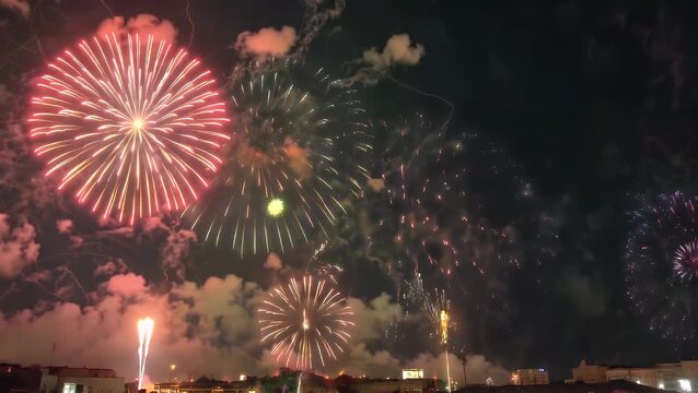 Vivid Pyrotechnic Eruptions and Brilliant Multicolored Patterns Illuminating the Darkness of the Night Sky for Celebratory Events