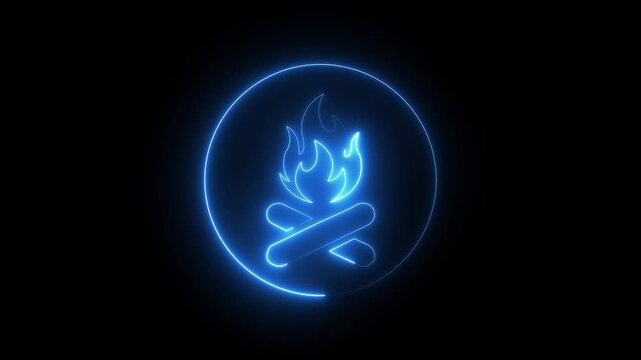 Glowing blue neon campfire animation on black background.4k video motion graphic animation .
