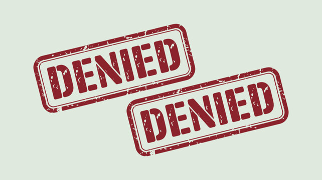 Two Red Rubber Stamps Displaying The Word Denied Textured Rectangular Shapes denied denial rejected refusal rejection stamp ink
