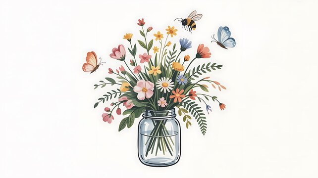 Colorful wildflowers in a simple glass jar, with a buzzing bee and playful butterflies dancing nearby