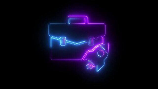 Neon business briefcase and rocket animation for startup growth and corporate success .4k video animation 