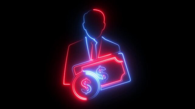 Neon businessman with dollar sign and banknote for financial technology and digital banking concepts. 4k video