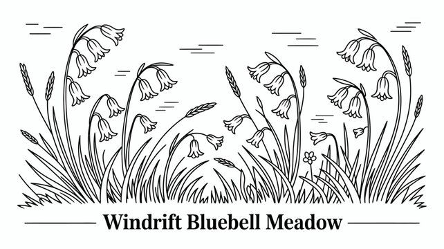 Floral ornament depicting bluebell flowers and grasses a detailed black and white vector illustration bluebells grasses botanical plant