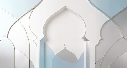Fototapeta premium Serene white mosque arch with soft blue light for spiritual marketing. 