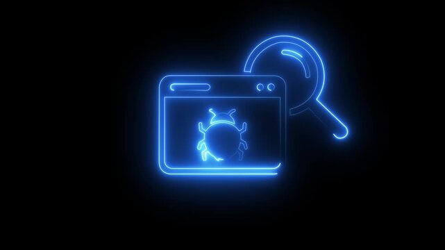 Neon software bug detection animation: cybersecurity and malware scanning concept on black background . 4k video animation .