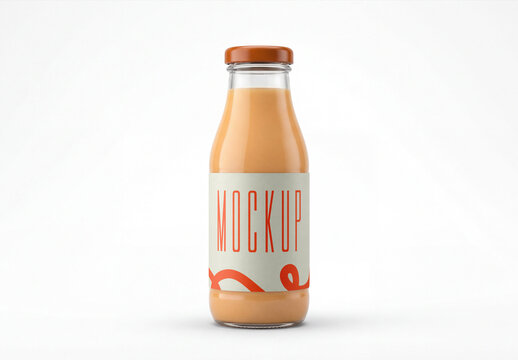Glass Juice Bottle Mockup with Blank Label on White Background