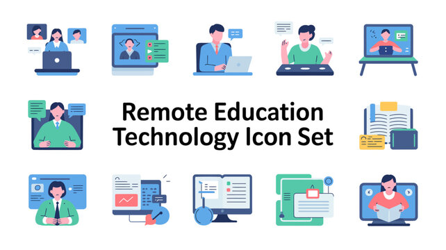 Remote Education Technology Icon Set A Collection Of Flat Vector Pictograms On A White Background learning online e learning