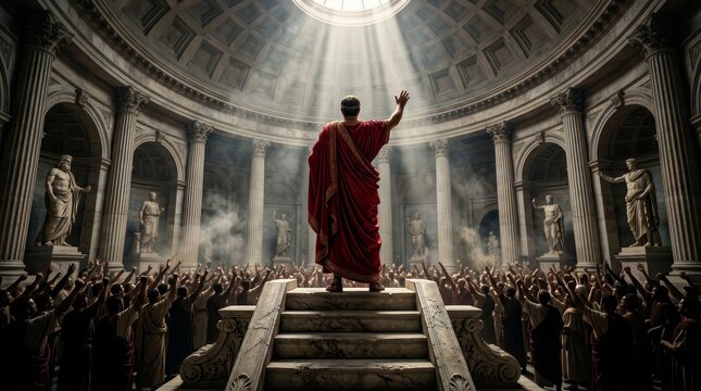 Julius Caesar's momentous triumph as he is proclaimed dictator in a historical scene.