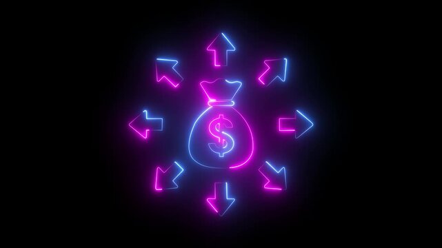 Neon money bag with expanding arrows, financial growth and investment concept animation.4k video 