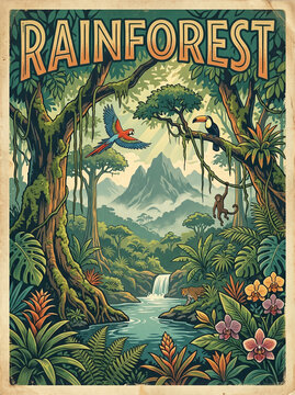 junglee rainforest retro colourful poster background 