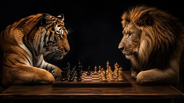 Tiger vs Lion Chess Match: An intense, symbolic face-off between a tiger and a lion, poised for a strategic game of chess, representing a monumental clash of powers.